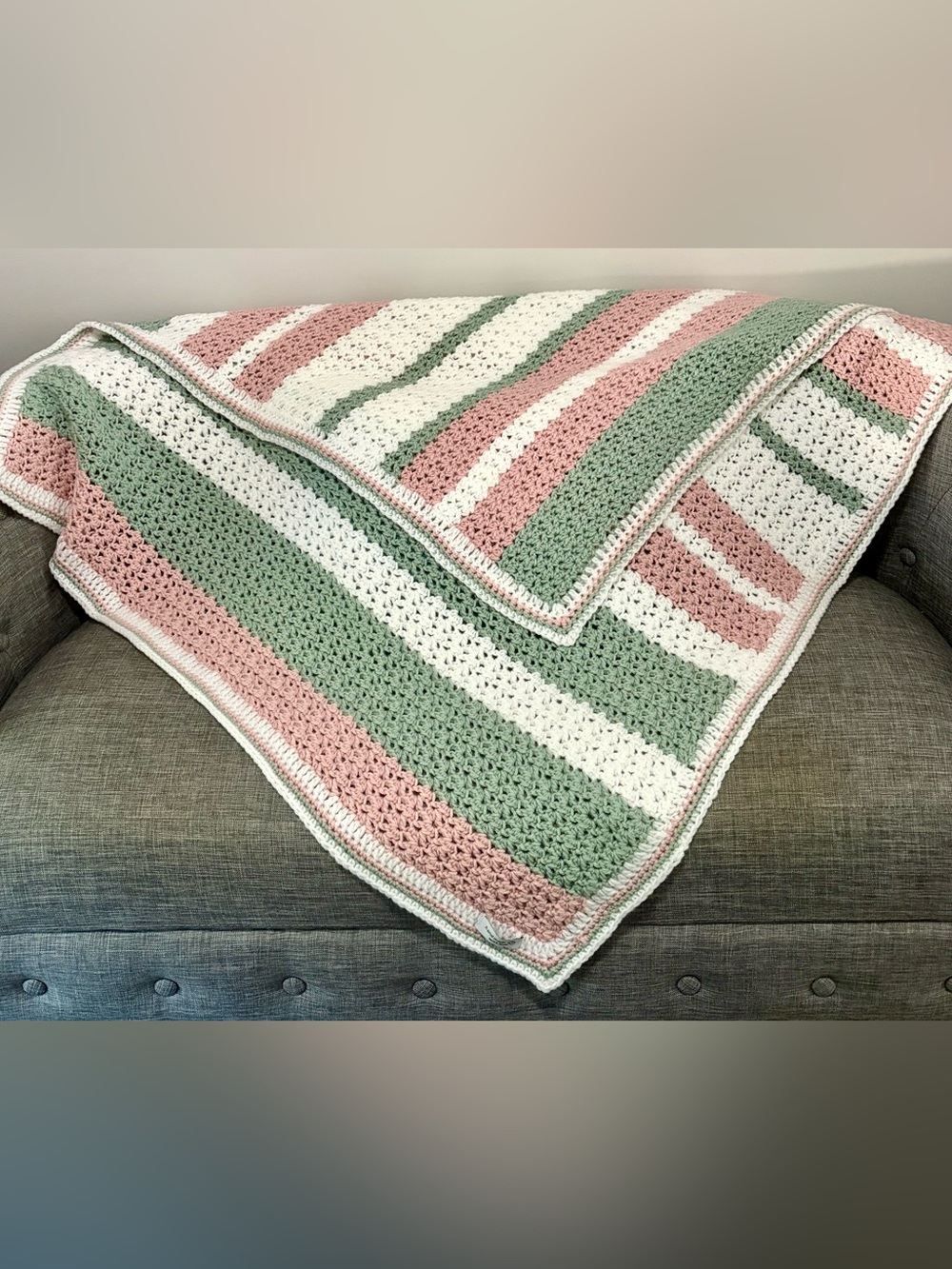 Handmade Crocheted Stripe Baby Blanket in Mauve, Sage & White